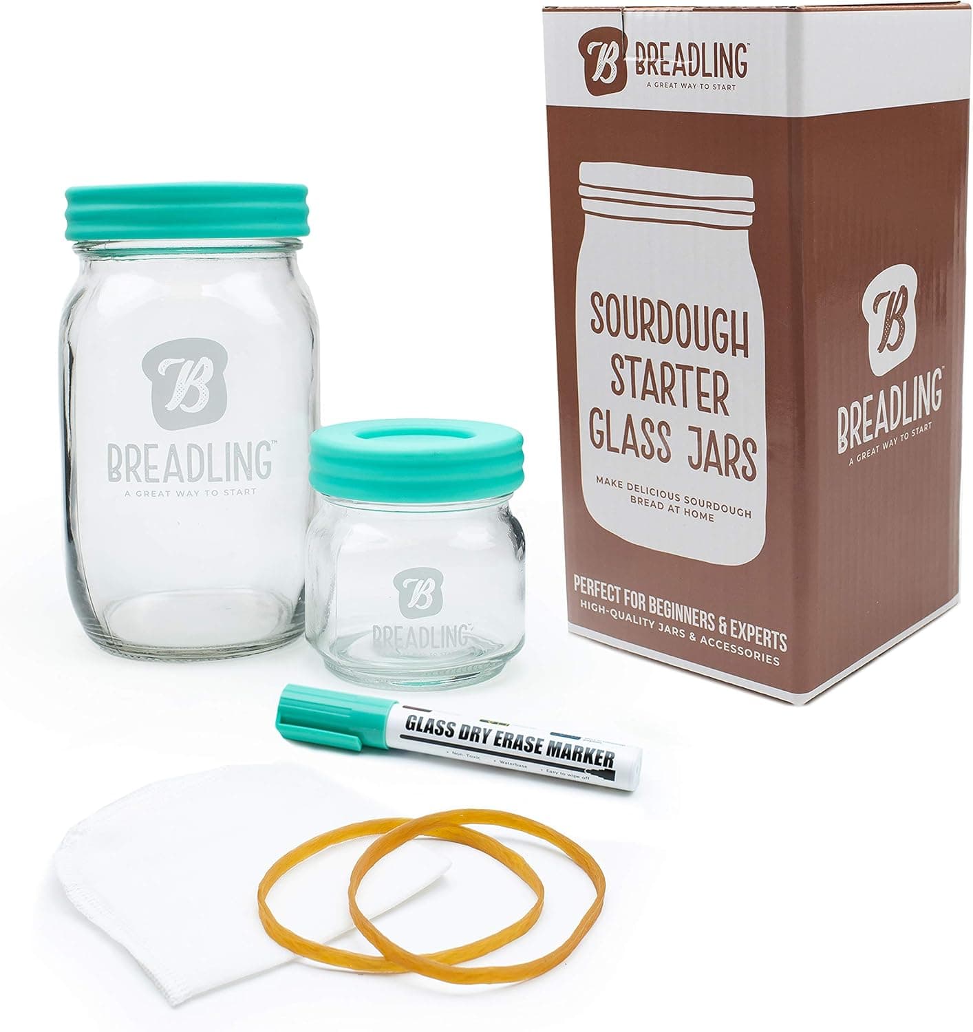 BREADLING Wide Mouth Glass Sourdough Starter Jar Kit Teal, 32 oz Large Glass Jar with Lid, 8oz Airtight Storage Jar, Muslin Cloth, Bands and Dry Erase Pen