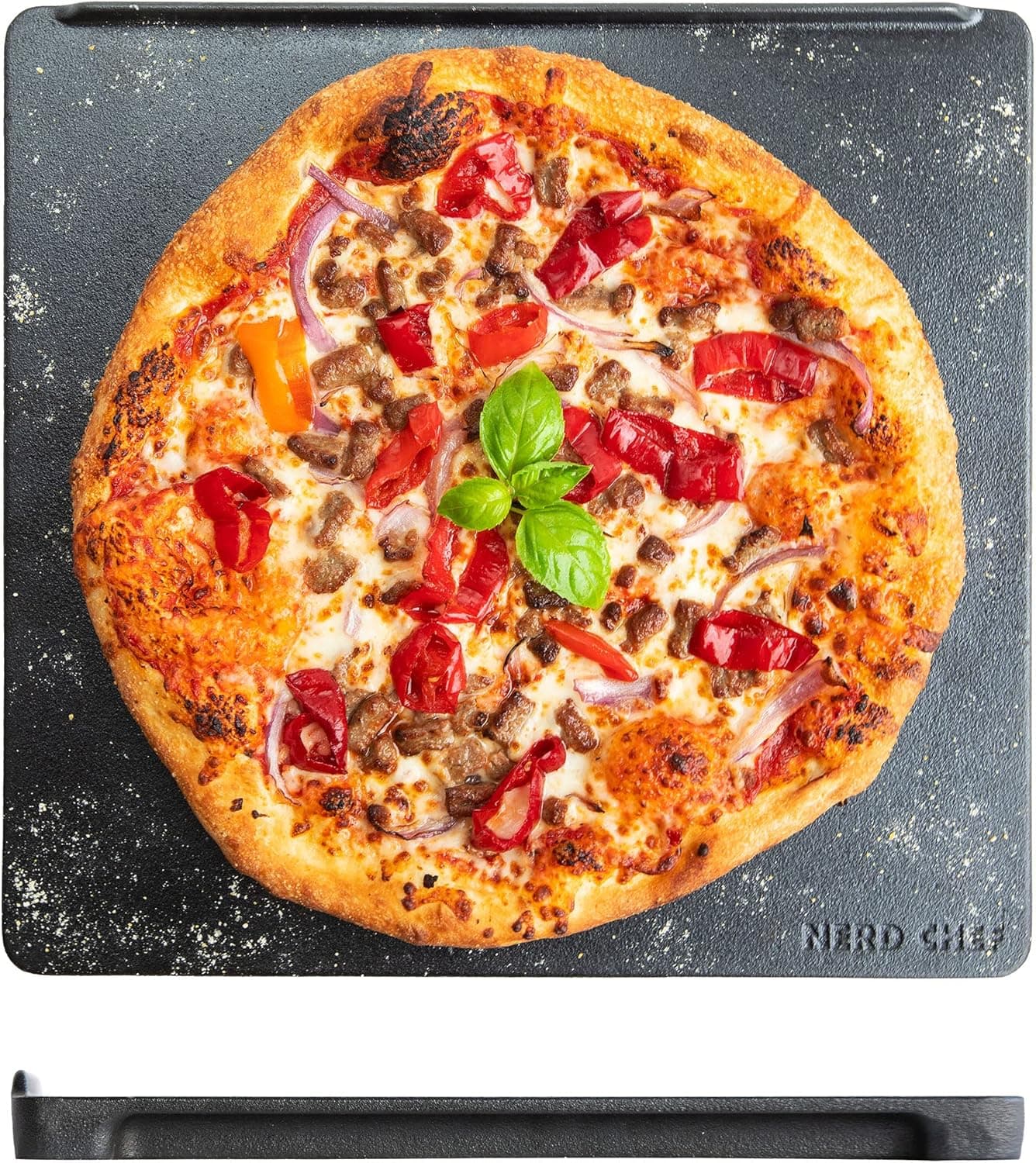 NerdChef Speed Steel High Performance Pizza Baking Stone with Integrated Backstop and Handles