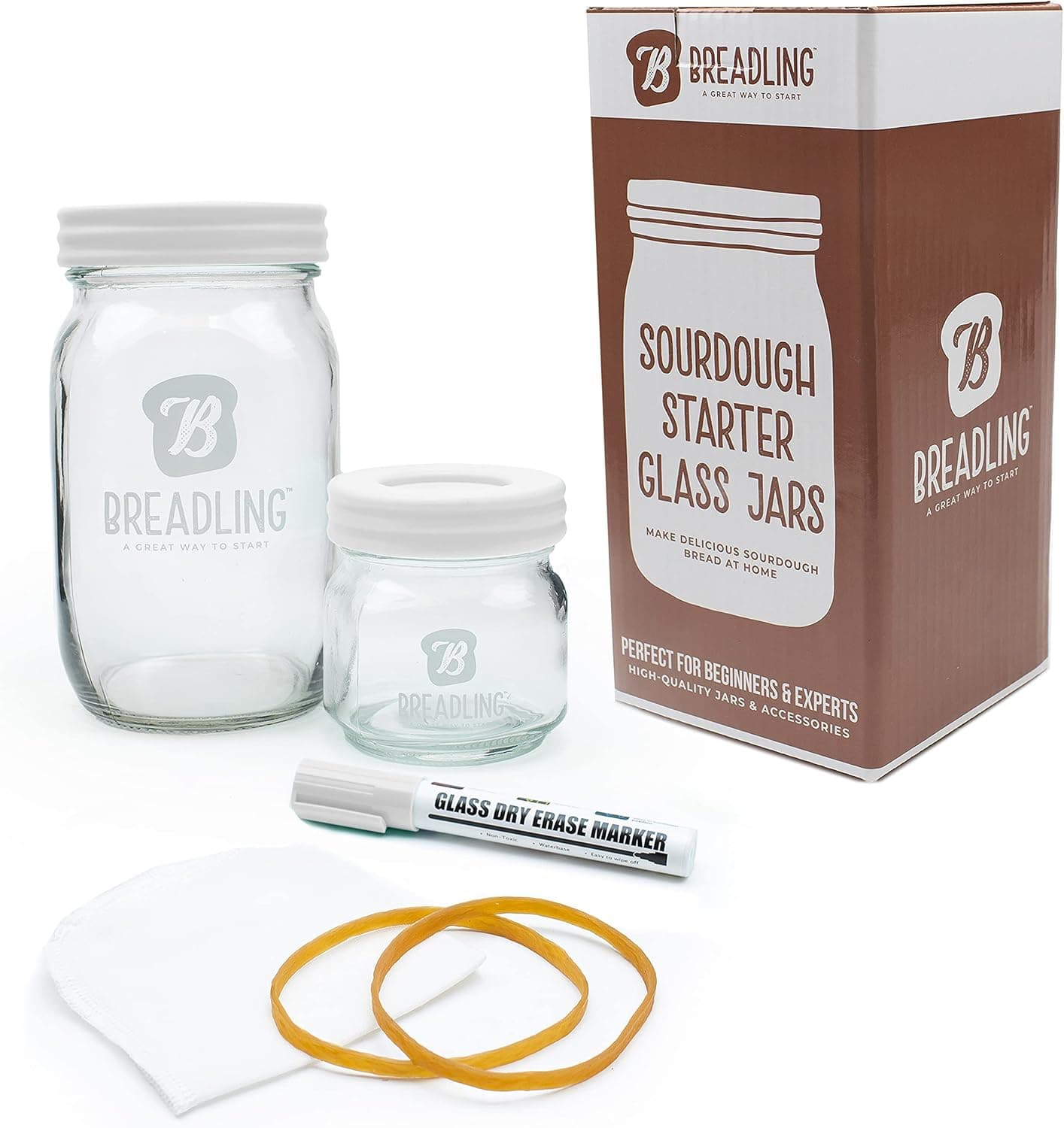 BREADLING Sourdough Starter Glass Jar and Accessories White, 32 oz Large Glass Jar with Lid, 8oz Airtight Storage Jar, Muslin Cloth, Bands and Dry Erase Pen