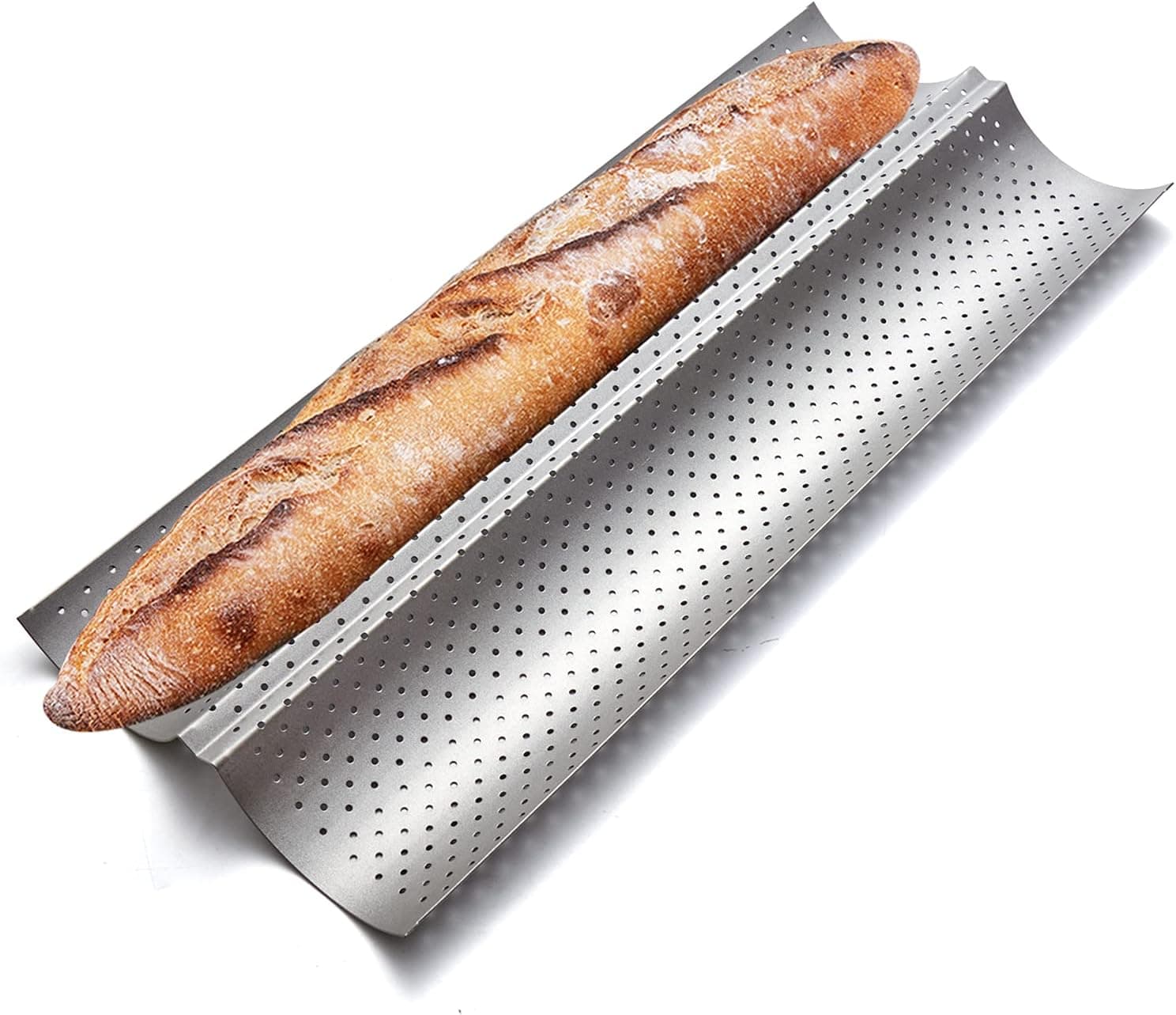 KITESSENSU Nonstick Baguette Pans for French Bread Baking, Perforated 2 Loaves Baguettes Bakery Tray, 15 inch x 6.3 inch, Silver