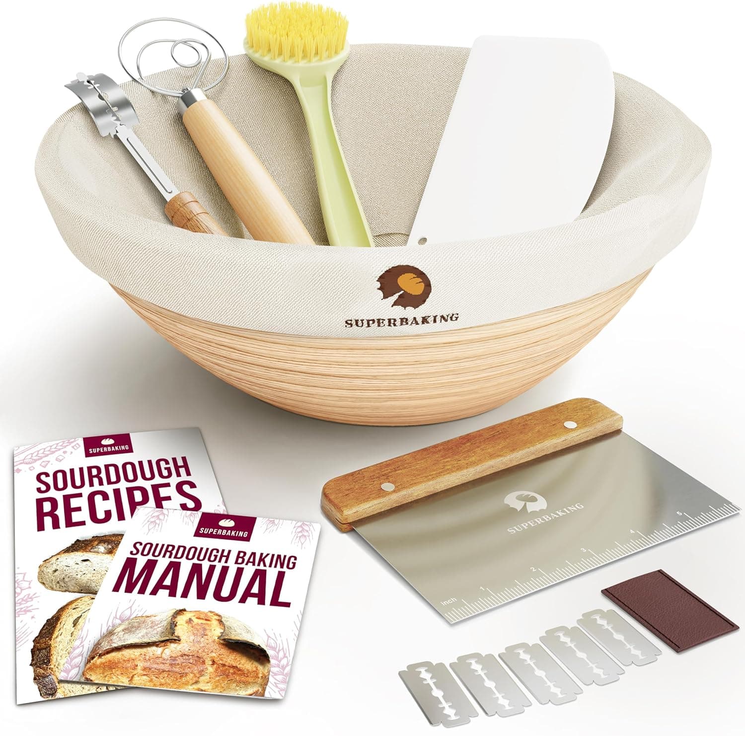 Superbaking Banneton Bread Proofing Basket, Round 9 Inch Sourdough Starter Kit, Bread Making Supplies Tools, Banneton Basket Gift Set