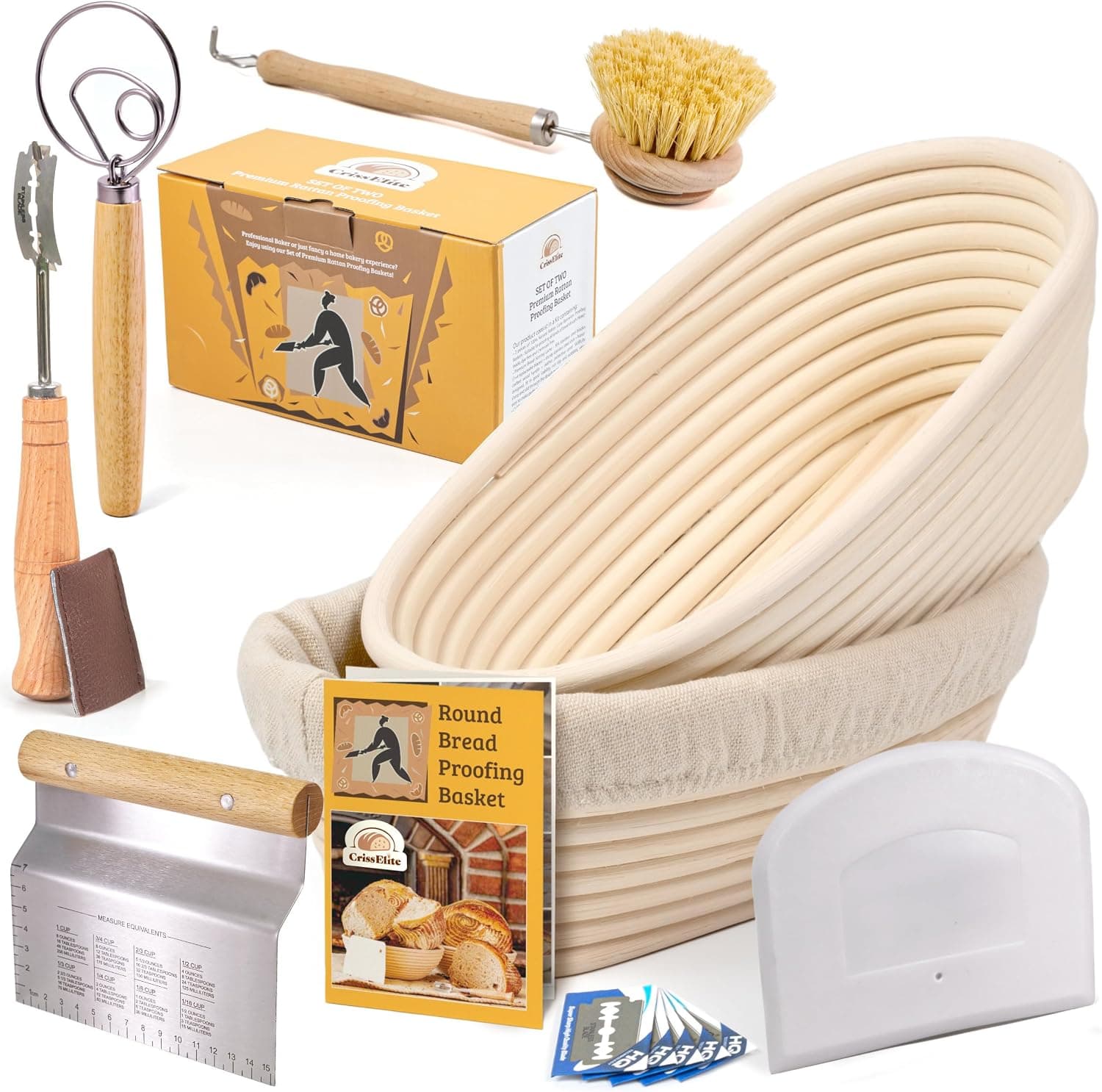 Banneton Bread Proofing Basket Set, 9 Inch Round and 10 Inch Oval Natural Rattan Baskets with Linen Liners, Bread Lame and Dough Scraper