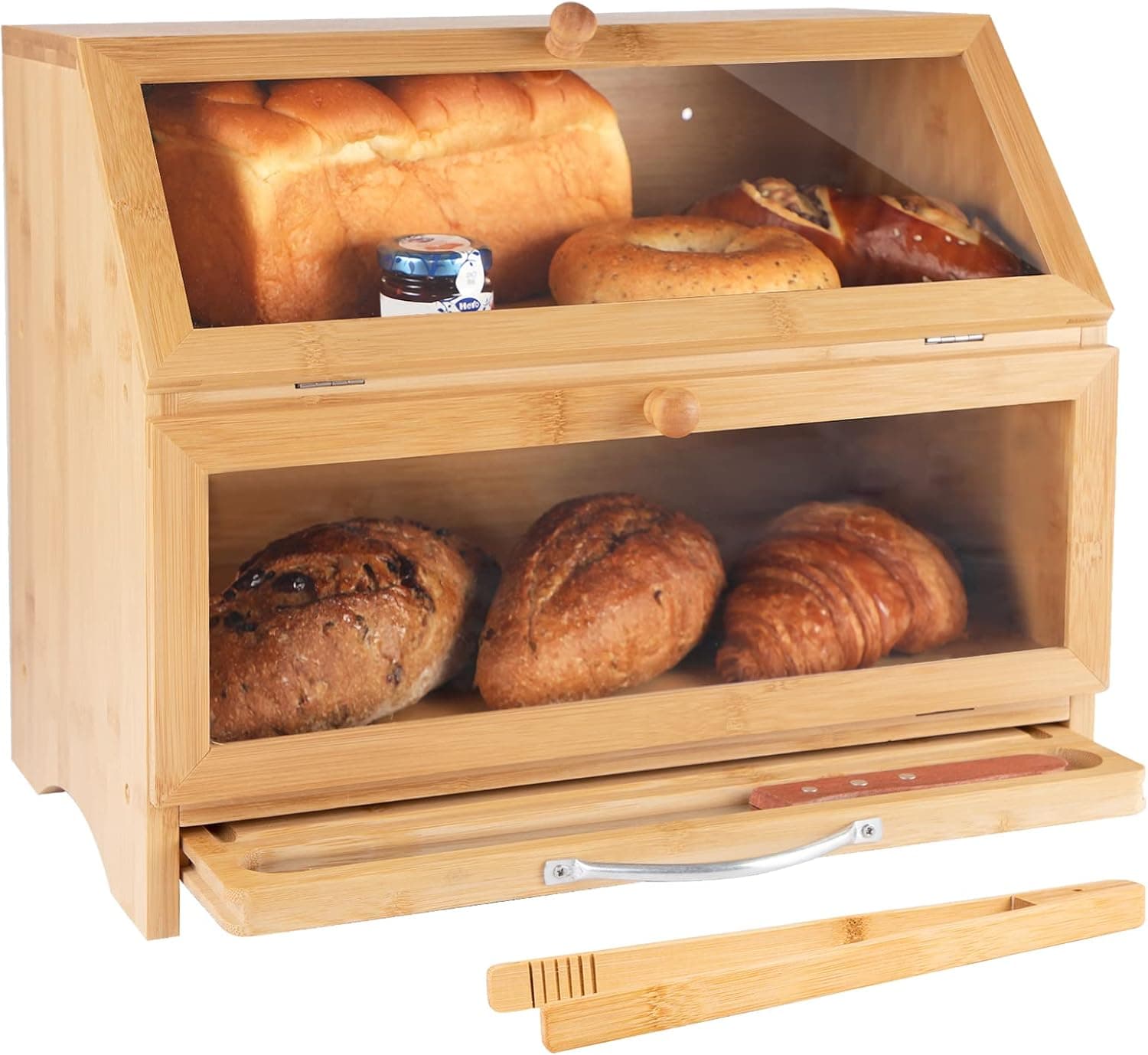 MAISONPEX Double Layer Bamboo Bread Box for Kitchen Countertop, Cutting Board, and Stainless Steel Bread Knife