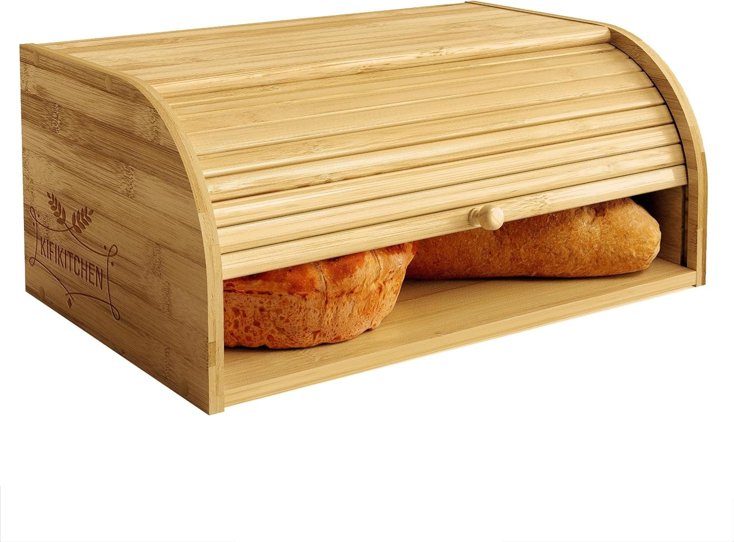 KIFIKITCHEN Bamboo Bread Box Space Saving Rustic Roll-Top Bread Bin for Countertop