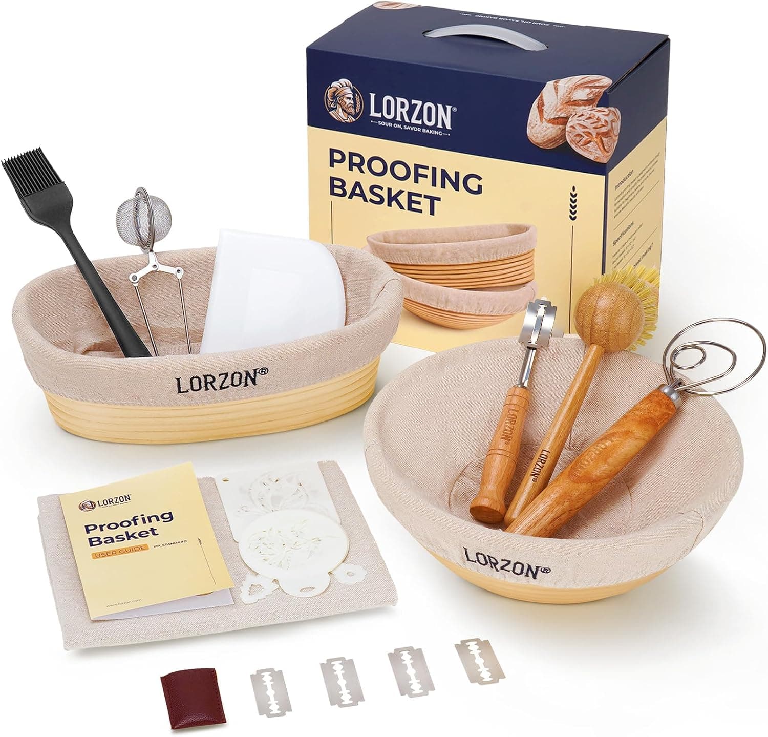 Lorzon Banneton Bread Proofing Basket Gift Set of 2, 10 Inch Round and Oval Rattan, Sourdough Bread Baking Supplies with Bakers Couche and Starter Kit