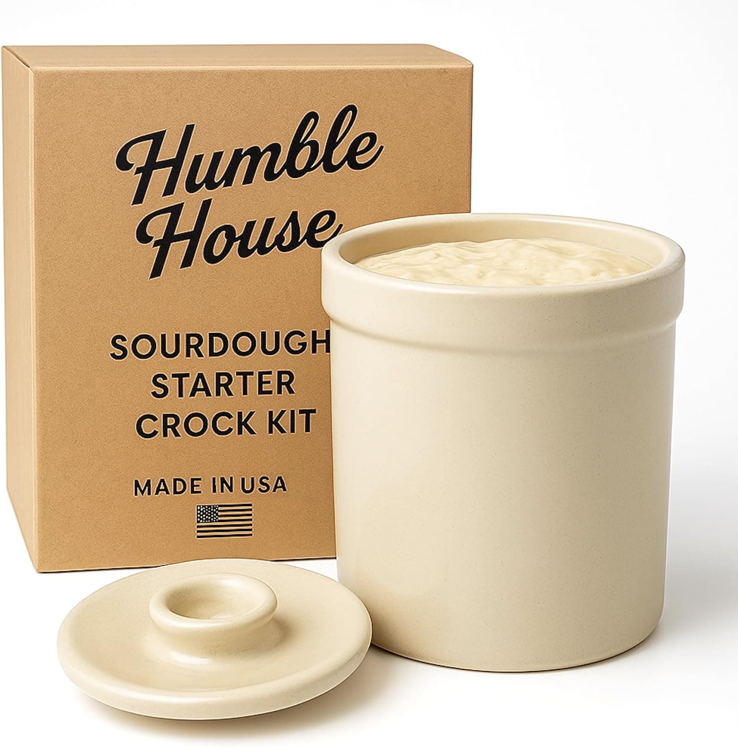 Humble House Sourdough Bread Starter Kit 1 Gallon Sauerkrock Open Ceramic Crock with lid 3.75 Liter Large Capacity 128 Ounce Jar, Made in America