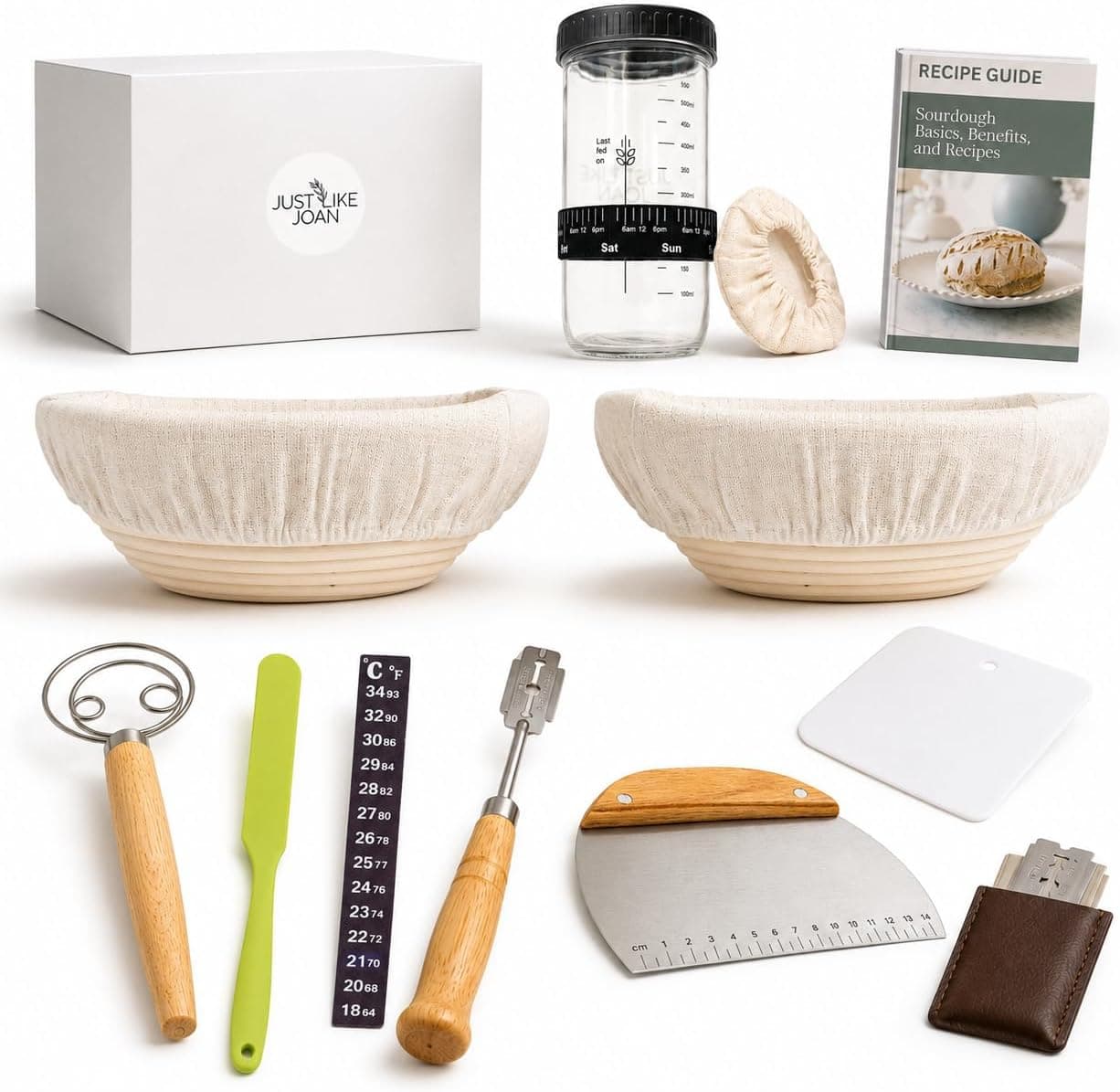 Sourdough Starter Kit, Bread Making Supplies with Two 9 inch Round Banneton Proofing Baskets with Linen Liners, Dough Whisk, Bread Lame and Recipe Guide