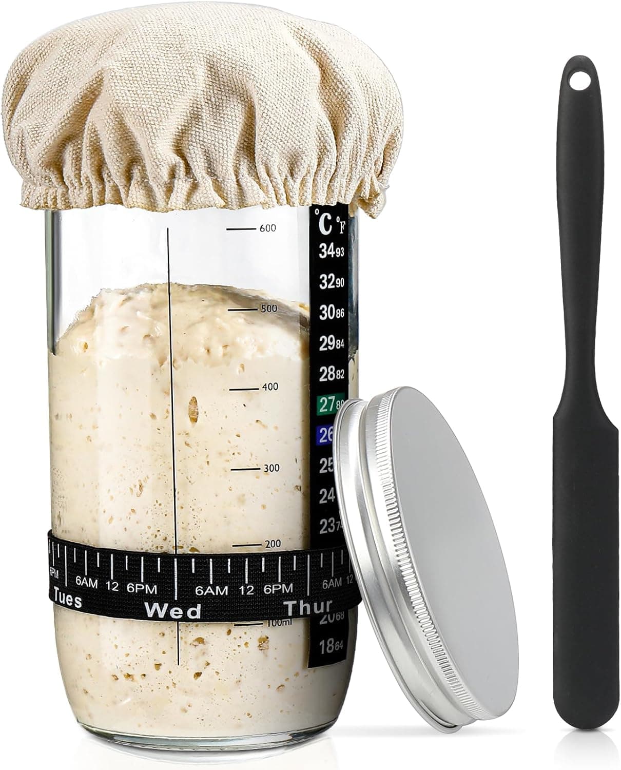 Sourdough Bread Baking Supplies, 24 oz Sourdough Starter Jar Glass, Kit with Date Marked Feeding Band, Thermometer, Silicone Scraper, Cloth Cover and Aluminum Lid