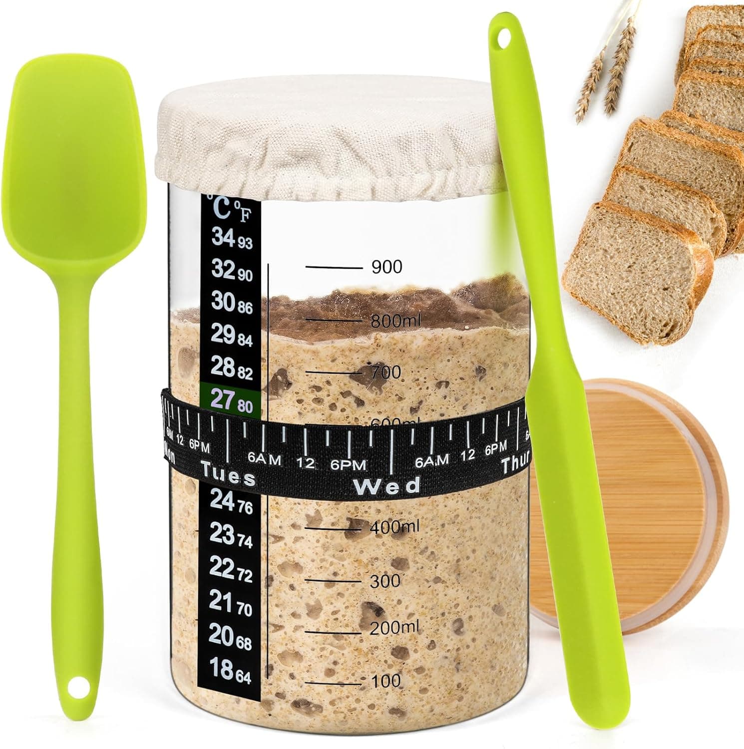 Sourdough Starter Jar, Kit with 32 Oz Wide Mouth Jar, Container with Thermometer, Date Marked Feeding Band, Spatula, Spoon