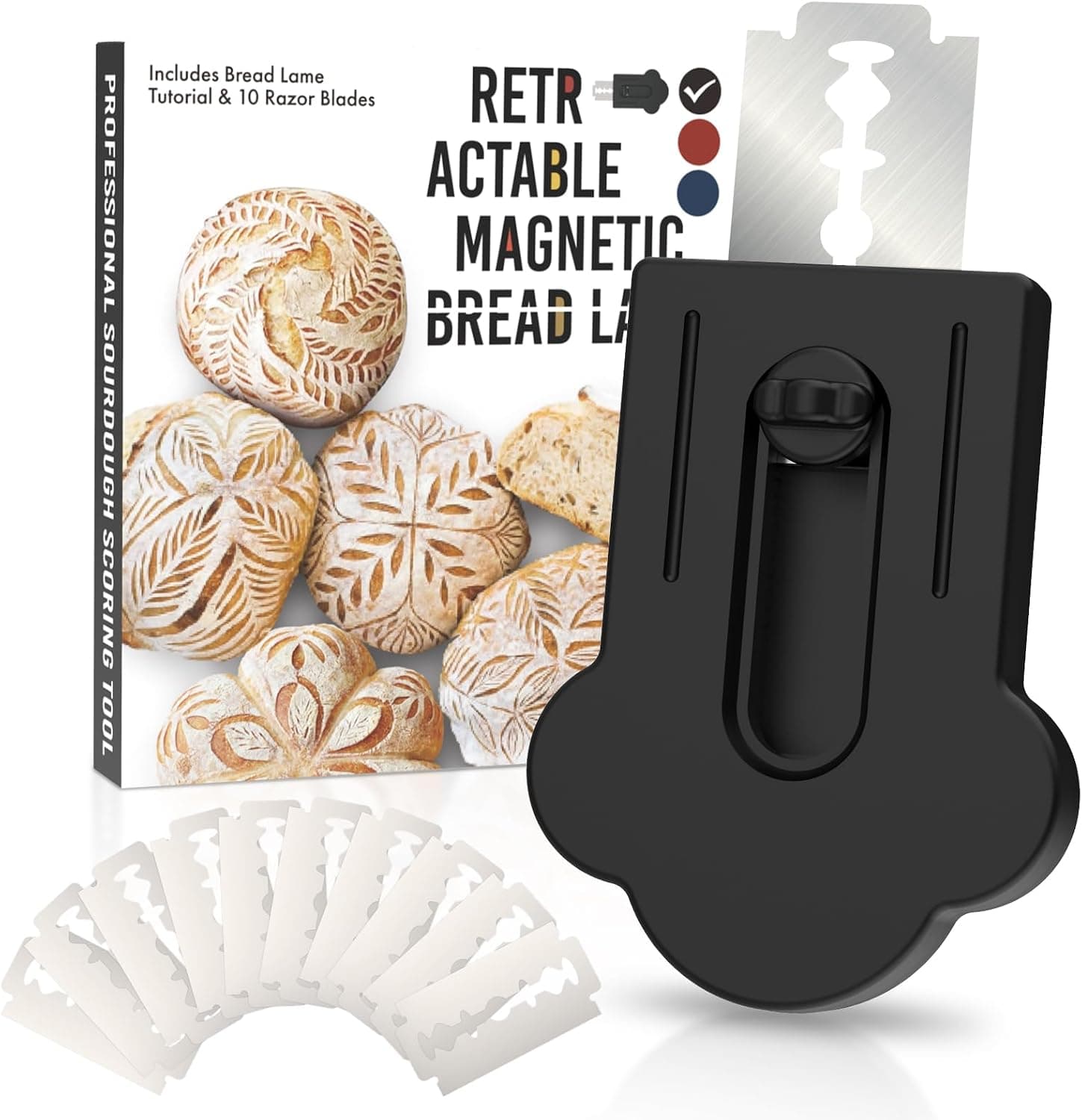 MEKER Bread Lame, Extractable Magnetic Dough Scoring Tool for Sourdough Bread Baking & Making, Includes Scoring Patterns Booklet and 10 Razor Blades, Black