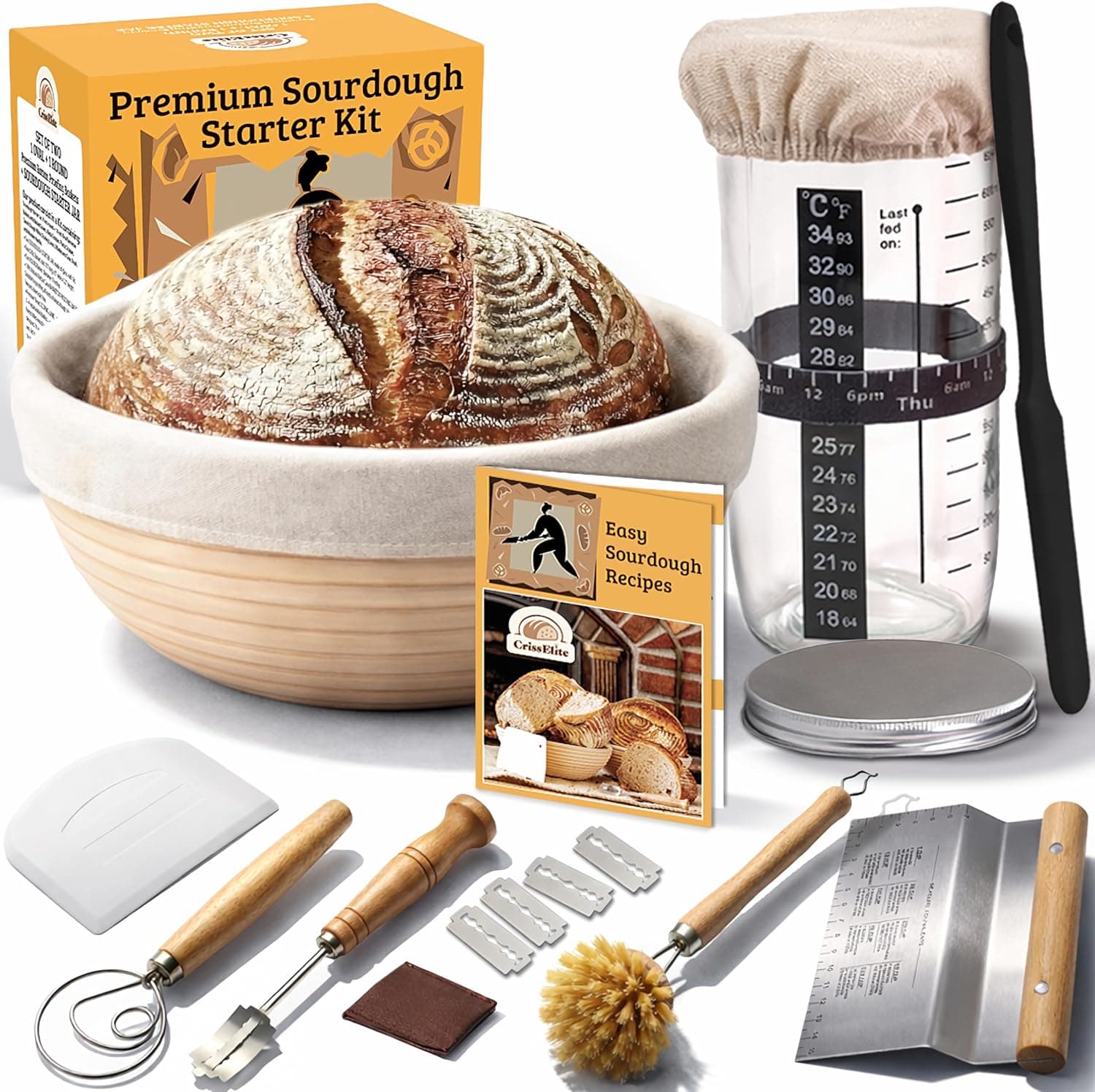 Sourdough Starter Kit with Glass Sour Dough Starter Jar, 9 inch Round Banneton Bread Proofing Basket, Bread Lame, Danish Whisk, Dough Scrapers