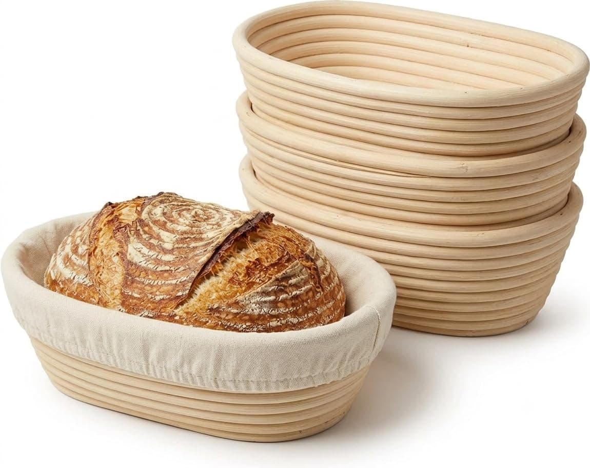 Nalcant 4 Pack Oval Banneton Proofing Basket Set 10 Inch, Natural Rattan Sourdough Bread Baskets with Linen Liners