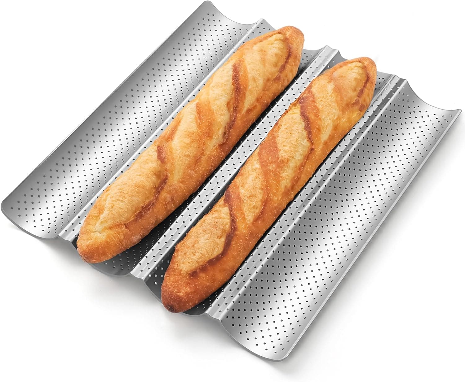 Pavsrmy Baguette Bread Pan, Premium Nonstick Perforated Baguette Pan for French Bread Baking, 4 Loaves Baguette Baking Tray for Sourdough, Italian Bread