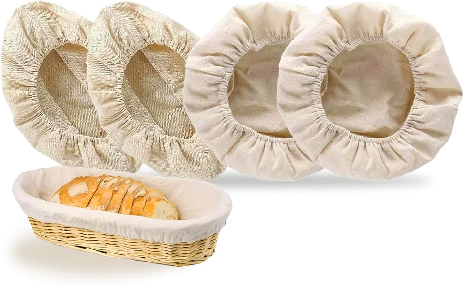 Pcmursal 4 Pcs Banneton Bread Proofing Basket Linen Cloth Liners, 10 Inch Round and Oval Linen Sourdough Proofing Cloth for Bakery Home Baking