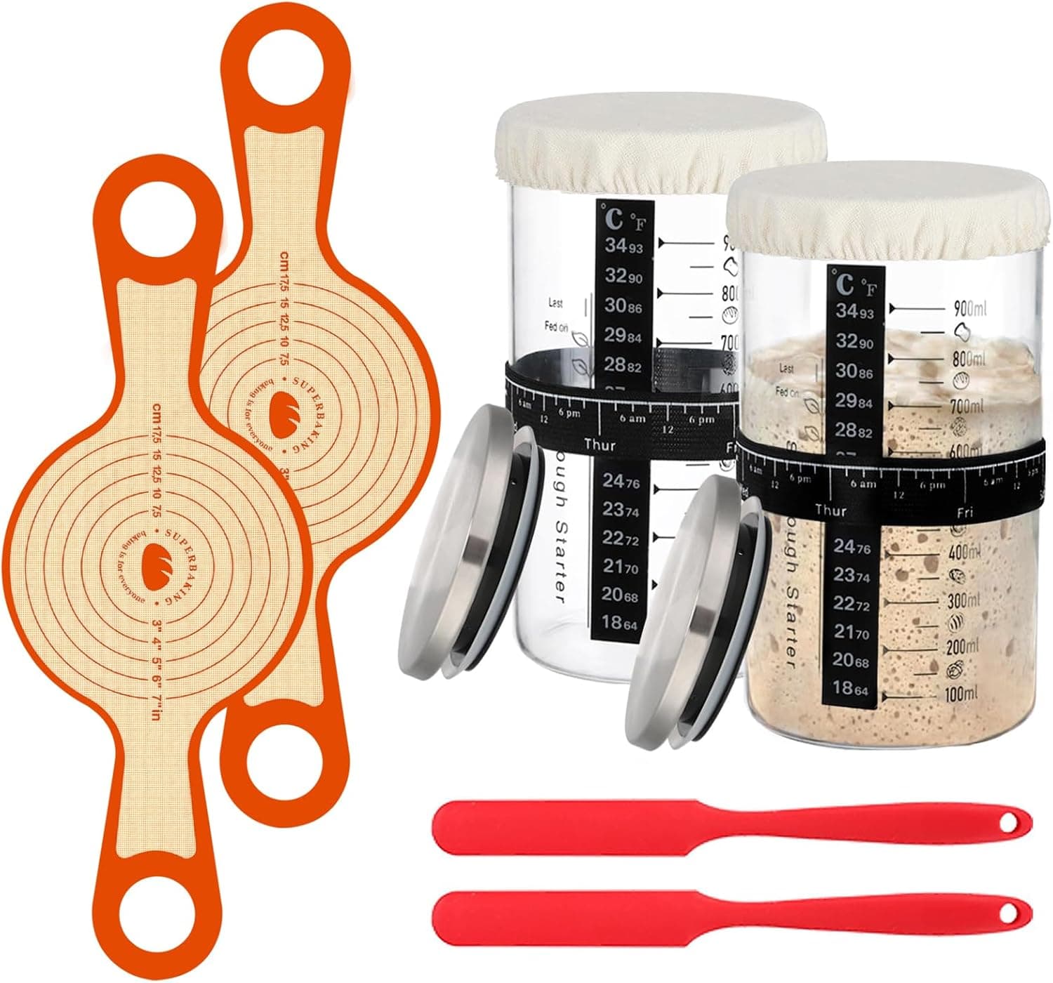 Sourdough Bread Starter Jar Kit, 2 pcs 34oz Glass Containers with Lids, 2 Baking Mats, Feeding Band, Thermometer Sticker