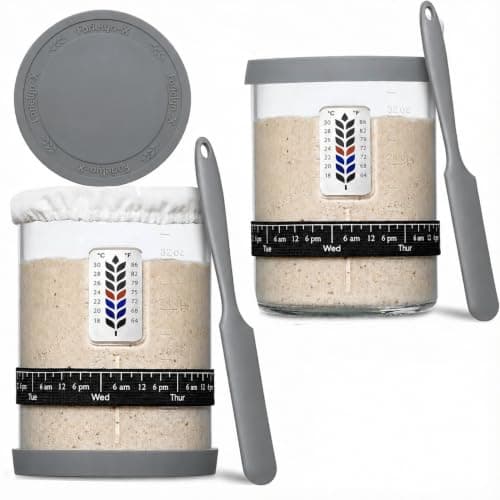 2 Pack Premium Pro Sourdough Starter Jar Kit - 40oz Large Wide Mouth Sourdough Bread Jar with Marked Feeding Band, Thermometer, Scraper, Cloth Cover & Silicone Lid/Base, Glass Container, Baking Supply
