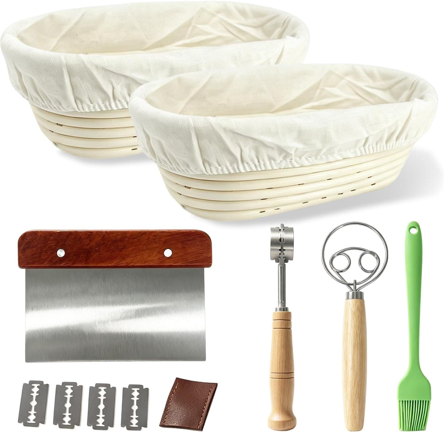 2 Pack 10 Inch Oval Sourdough Banneton Bread Proofing Basket Set with Bread Lame, Scrapers, Danish Whisk and Flour Brush