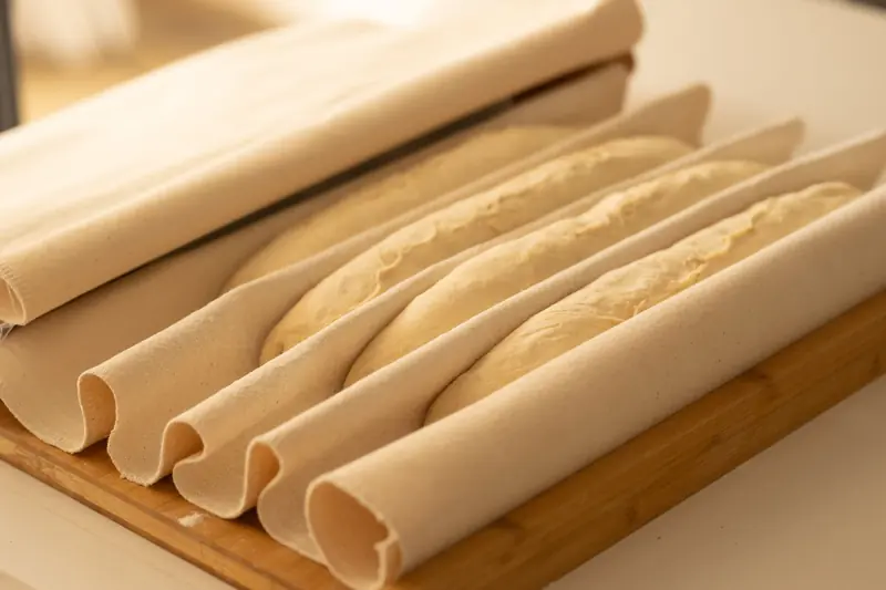 Close-up of artisan bread dough rising in a banneton on a wooden board, ready to bake